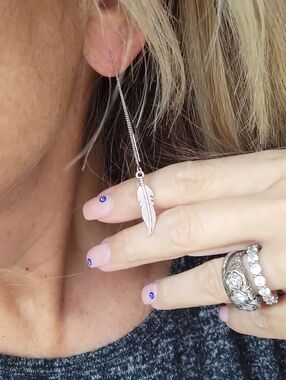 Silver Feather Threader Earrings - Sleek Silver Drop for Women